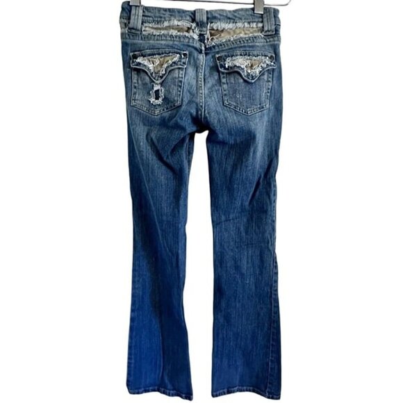 Squeeze Jeans Women's size 0 zero Distressed camo patched boot cut med wash - Picture 2 of 12